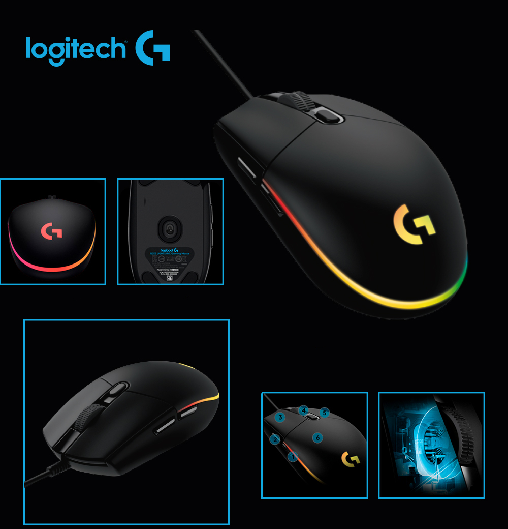 Mouse Gamer Logitech G203 RGB Lightsync, 6 Botões, 8000 DPI, Preto - 910-005793